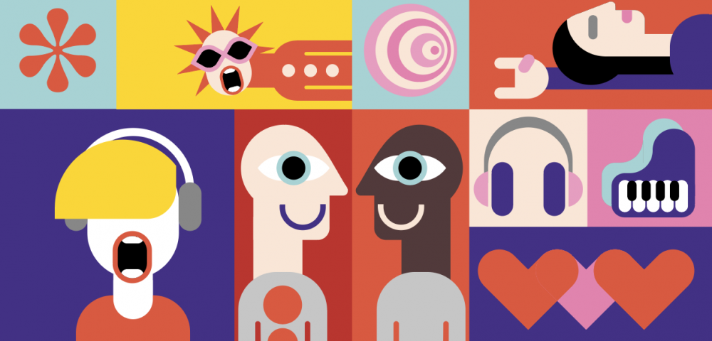 Abstrakte bunte Illustration mit singenden Gesichtern, Kopfhörern, Klavier und Herzen – Symbol für Musik & Gemeinschaft.