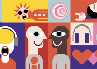 Abstrakte bunte Illustration mit singenden Gesichtern, Kopfhörern, Klavier und Herzen – Symbol für Musik & Gemeinschaft.